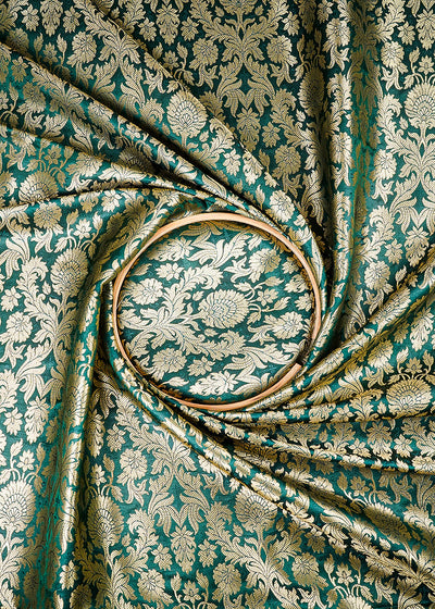 Bottle Green Banarasi Brocade Fabric With All Over Thread And Zari Handloom 25375