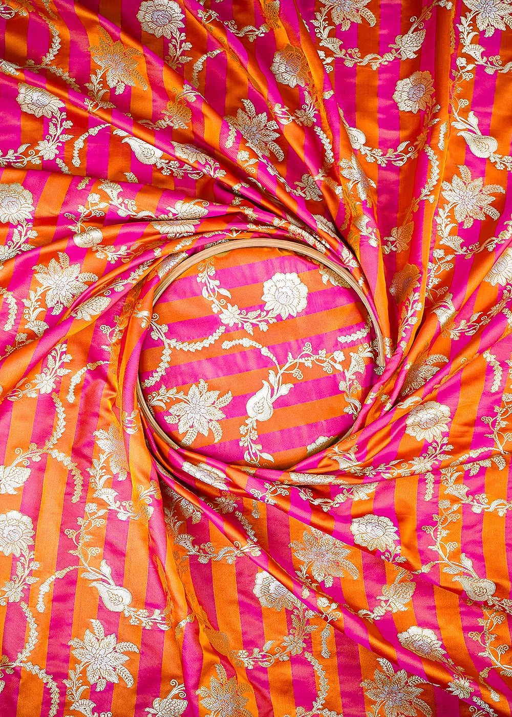 Orange Banarasi Silk Fabric With All Over Zari Handloom 25392