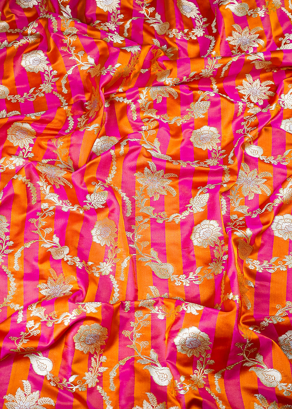 Orange Banarasi Silk Fabric With All Over Zari Handloom 25392