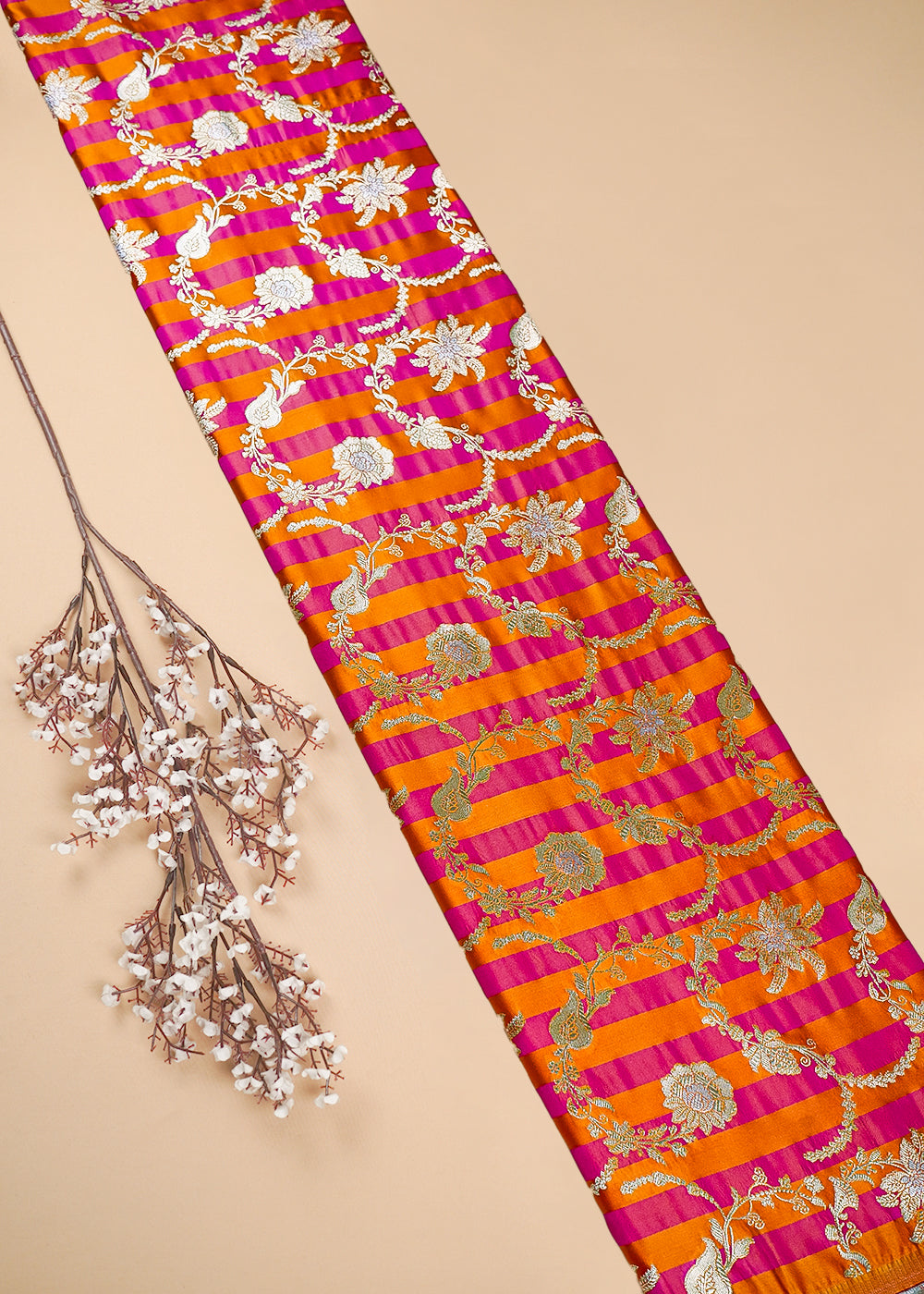 Orange Banarasi Silk Fabric With All Over Zari Handloom 25392