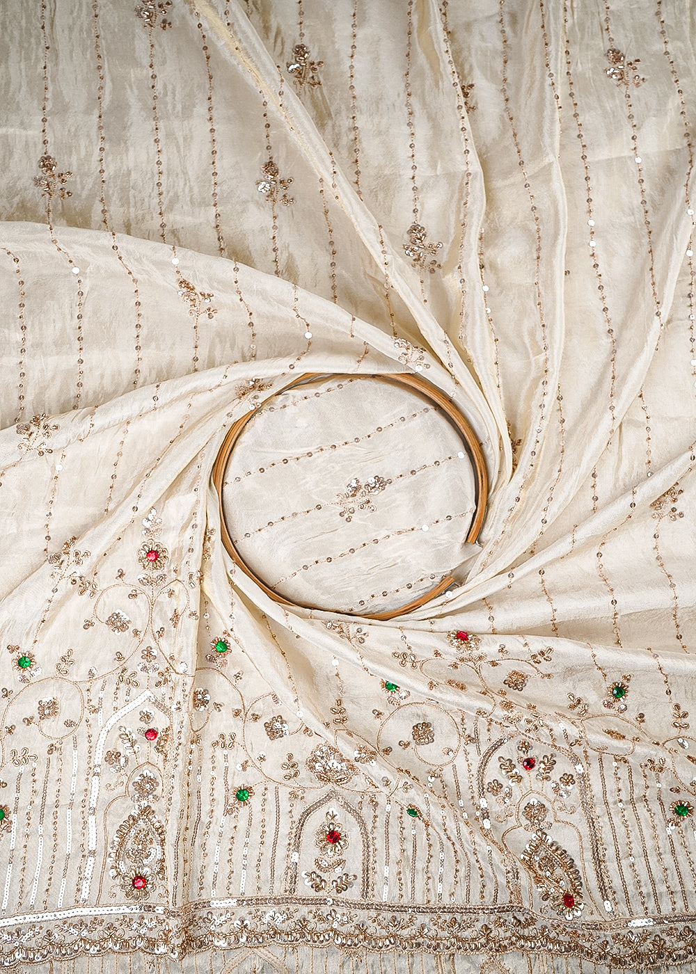 Golden Dyeable Tissue Fabric With All Over Zari, Sequins, Katdana And Stone Work With One Side Heavy Border 25413