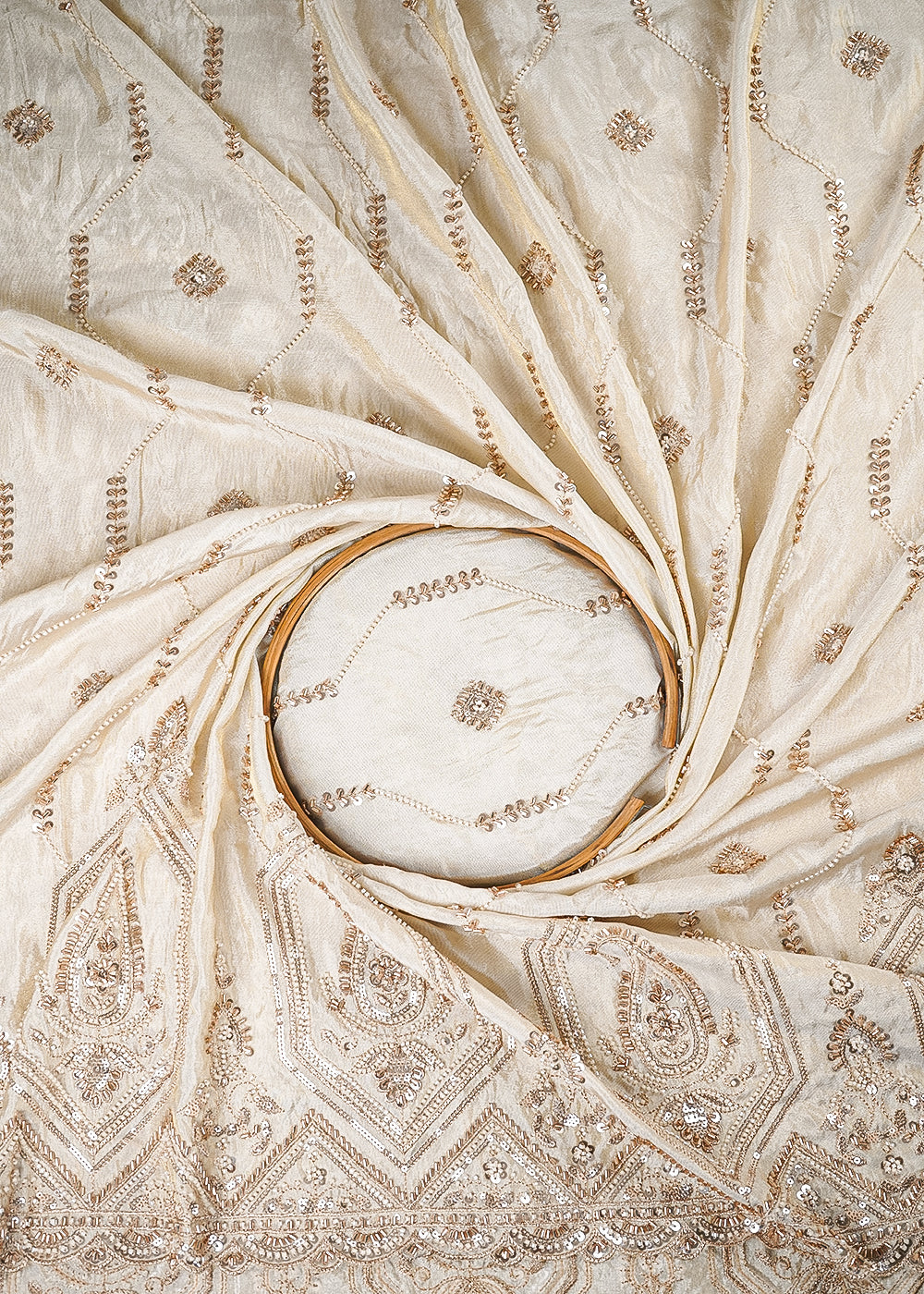 Golden Dyeable Tissue Fabric With All Over Zari, Sequins And Katdana Work With One Side Border 25415