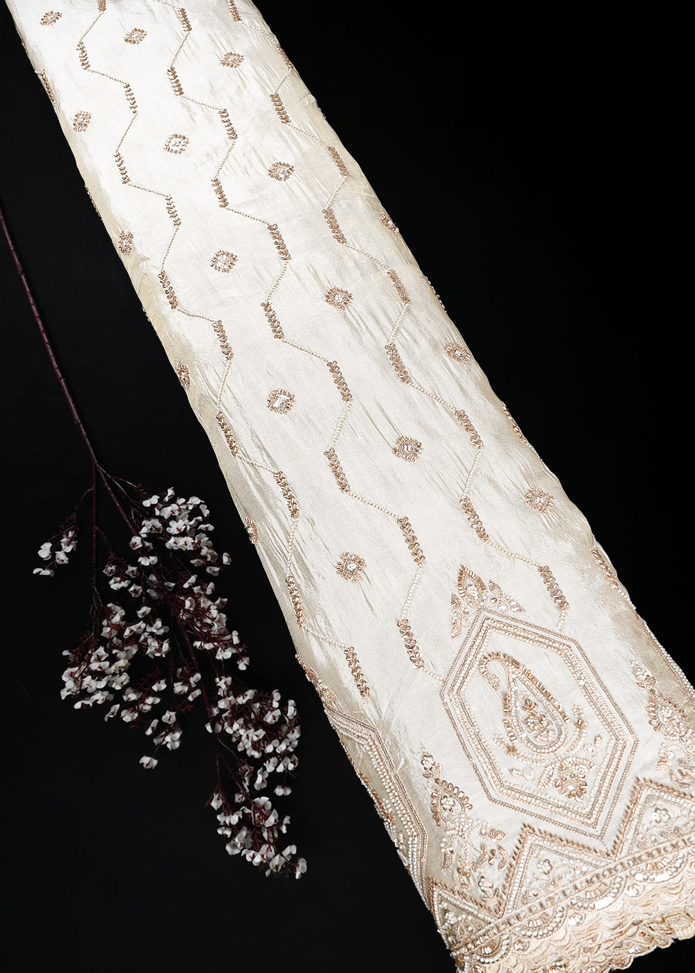 Golden Dyeable Tissue Fabric With All Over Zari, Sequins And Katdana Work With One Side Border 25415
