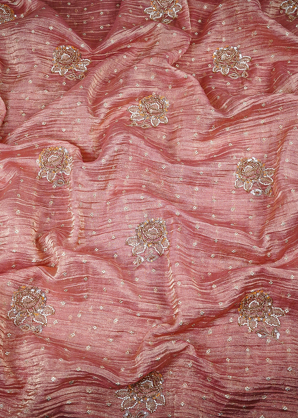 Gajri Pink Crushed Tissue Fabric With All Over Zari, Sequins And Katdana Work 25428