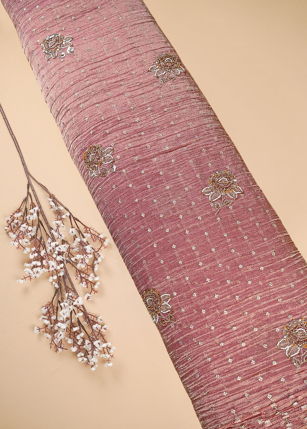 Gajri Pink Crushed Tissue Fabric With All Over Zari, Sequins And Katdana Work 25428