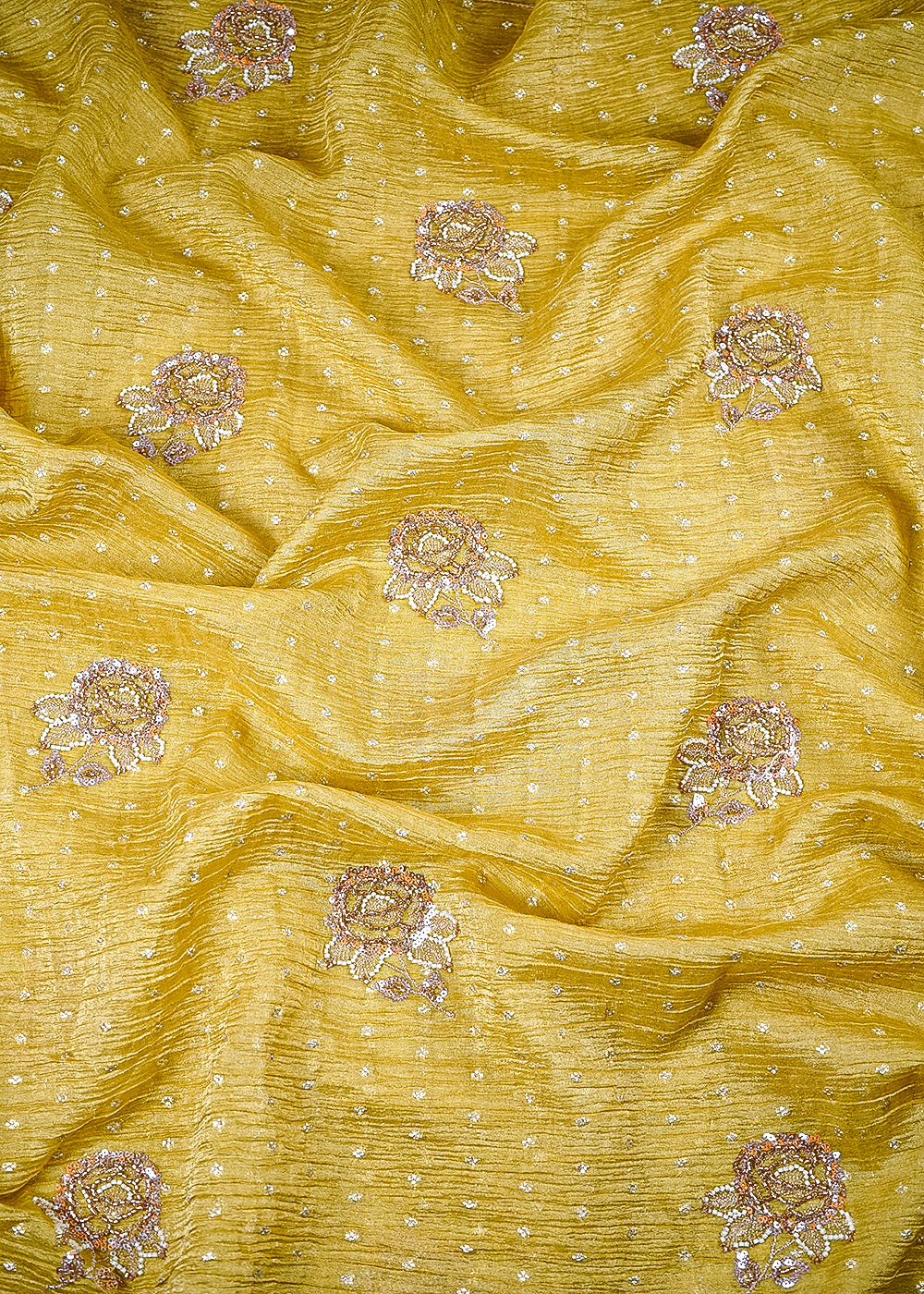 Mustard Crushed Tissue Fabric With All Over Zari, Sequins And Katdana Work 25429