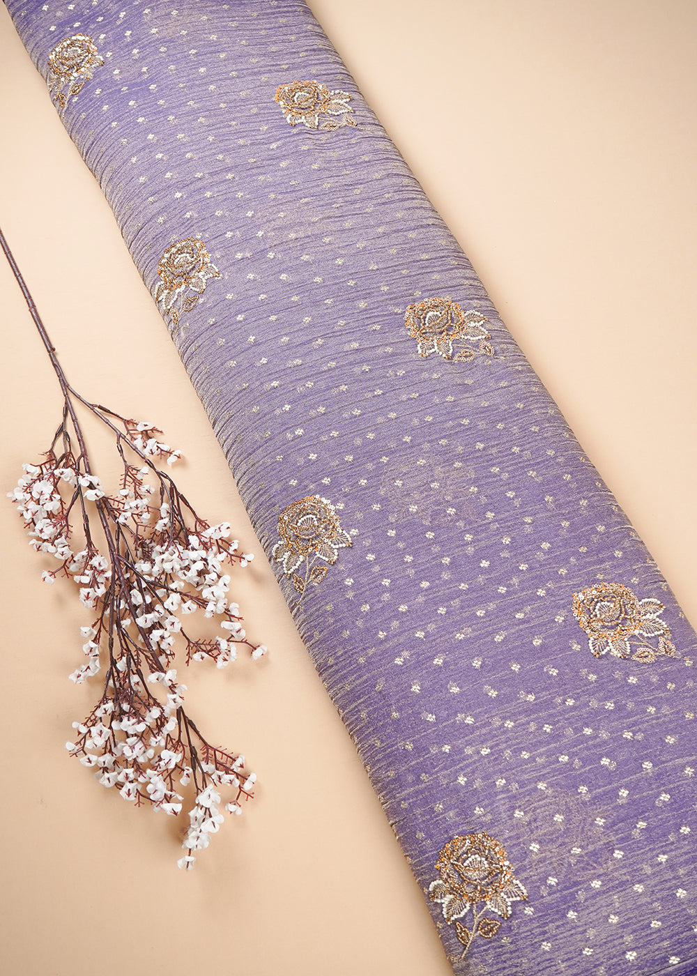 Purple Crushed Tissue Fabric With All Over Zari, Sequins And Katdana Work 25430