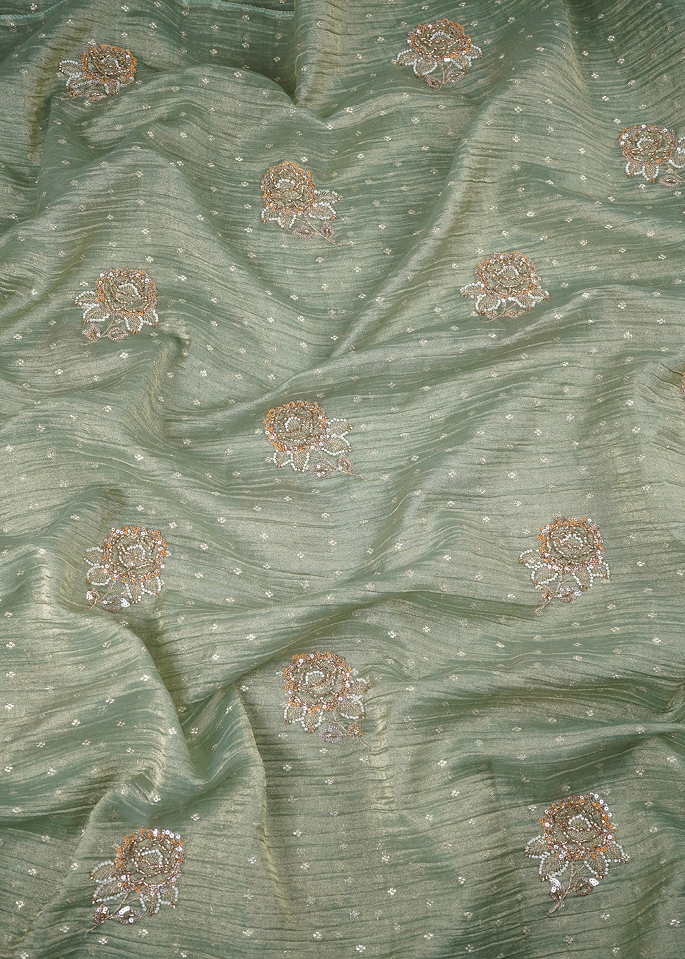 Pista Green Crushed Tissue Fabric With All Over Zari, Sequins And Katdana Work 25431