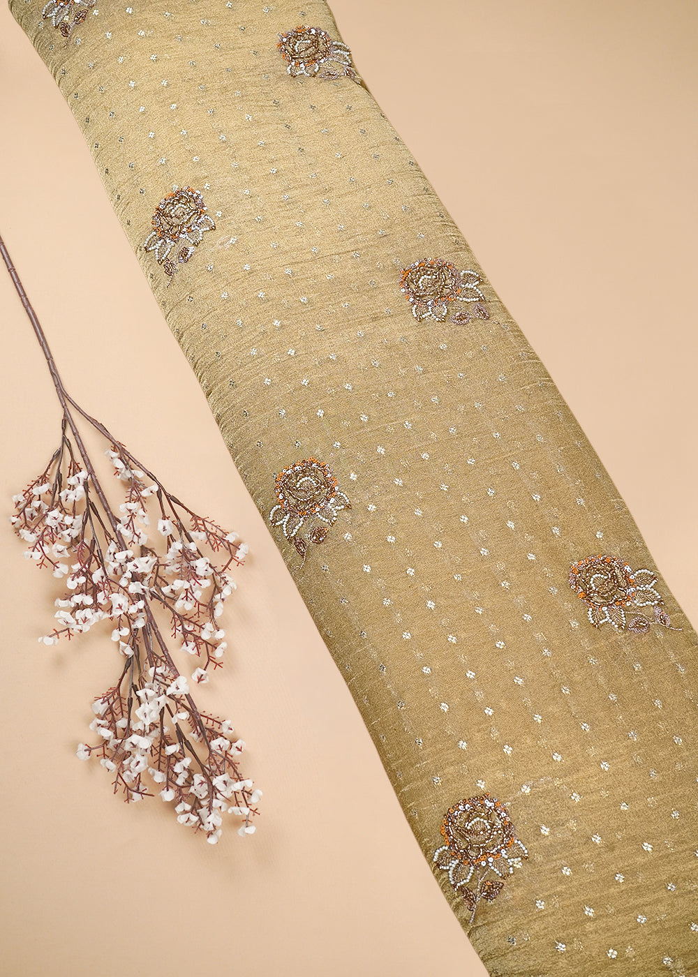 Gold Crushed Tissue Fabric With All Over Zari, Sequins And Katdana Work 25432