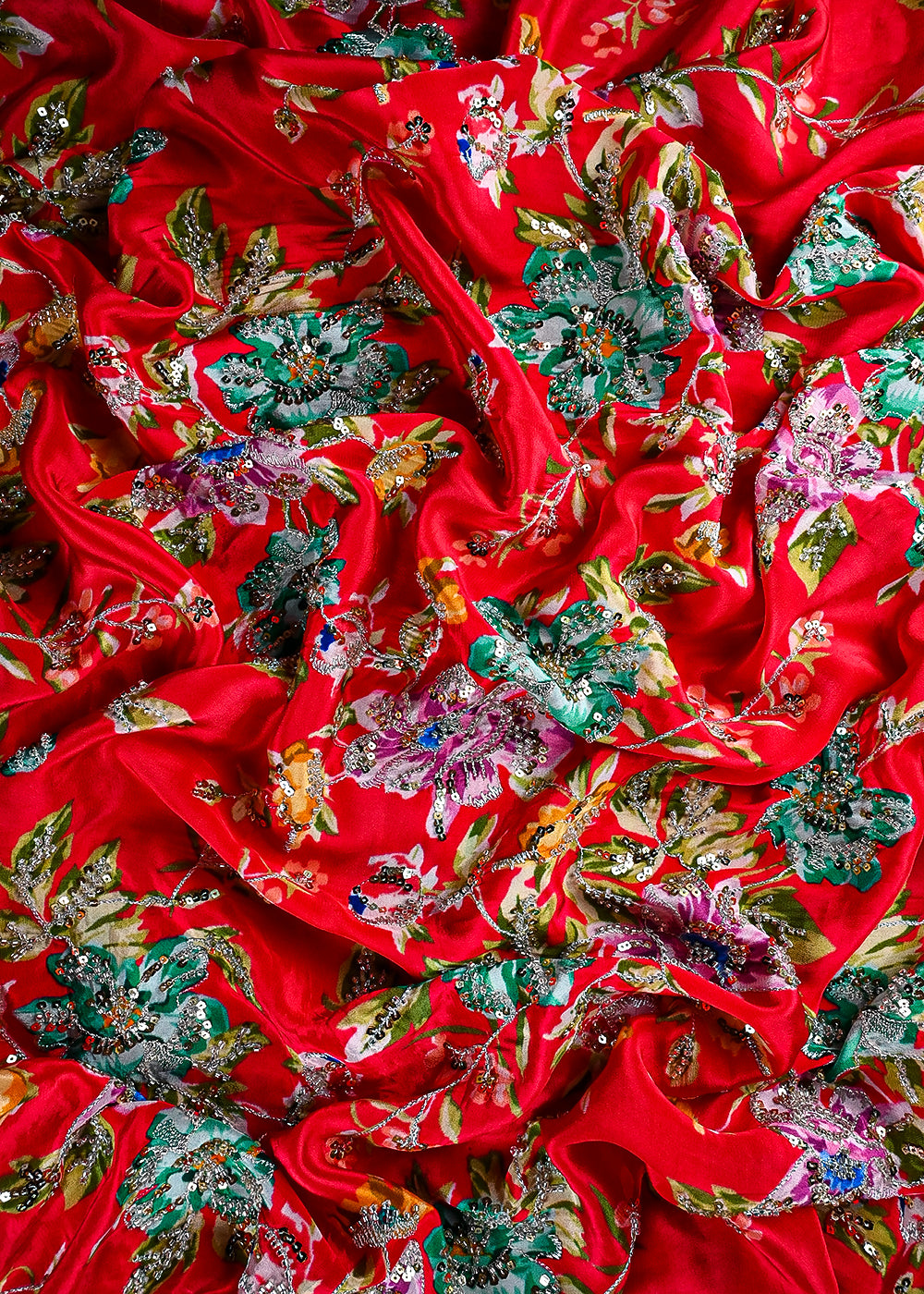 Red Crepe Fabric With All Over Zari, Sequins And Katdana Work 25433