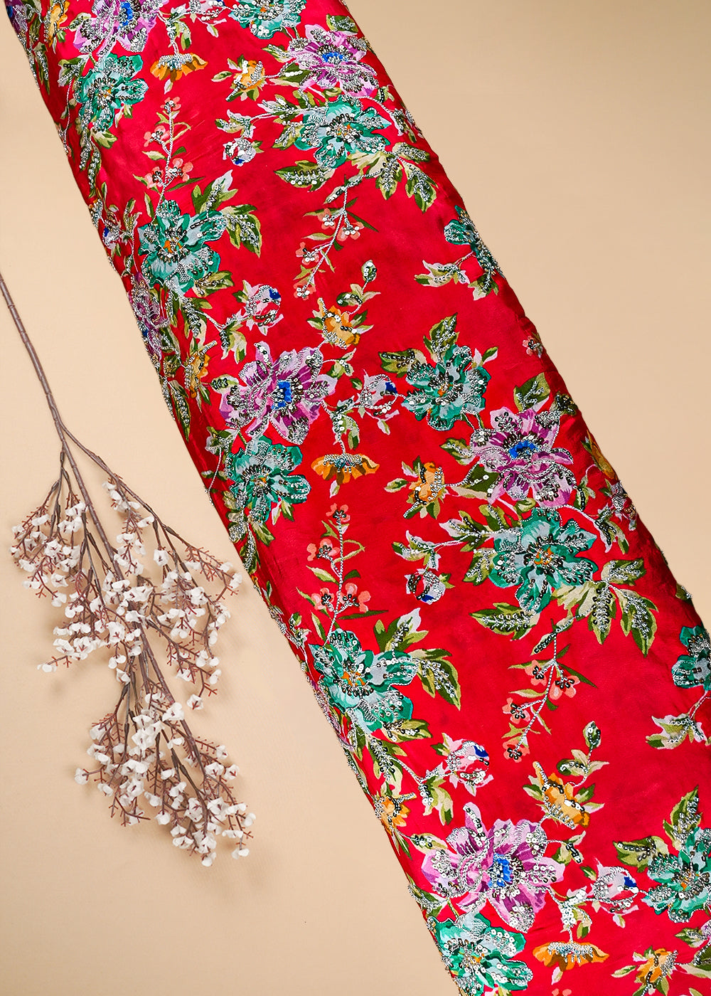 Red Crepe Fabric With All Over Zari, Sequins And Katdana Work 25433