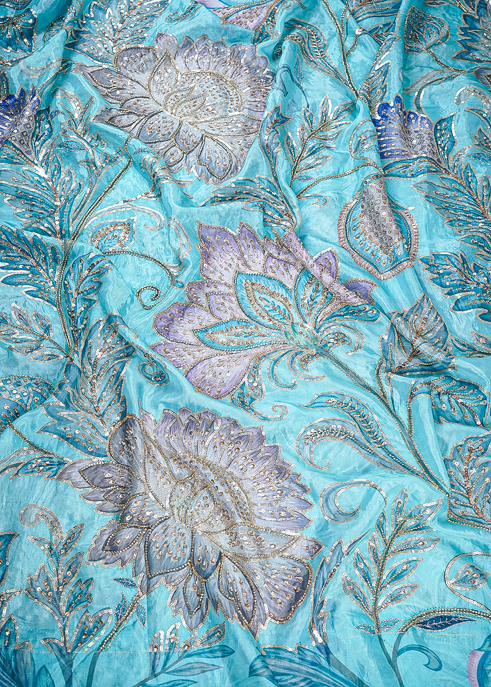 Sky Blue Glass Organza Fabric With All Over Zari, Sequins And Katdana Work 25435