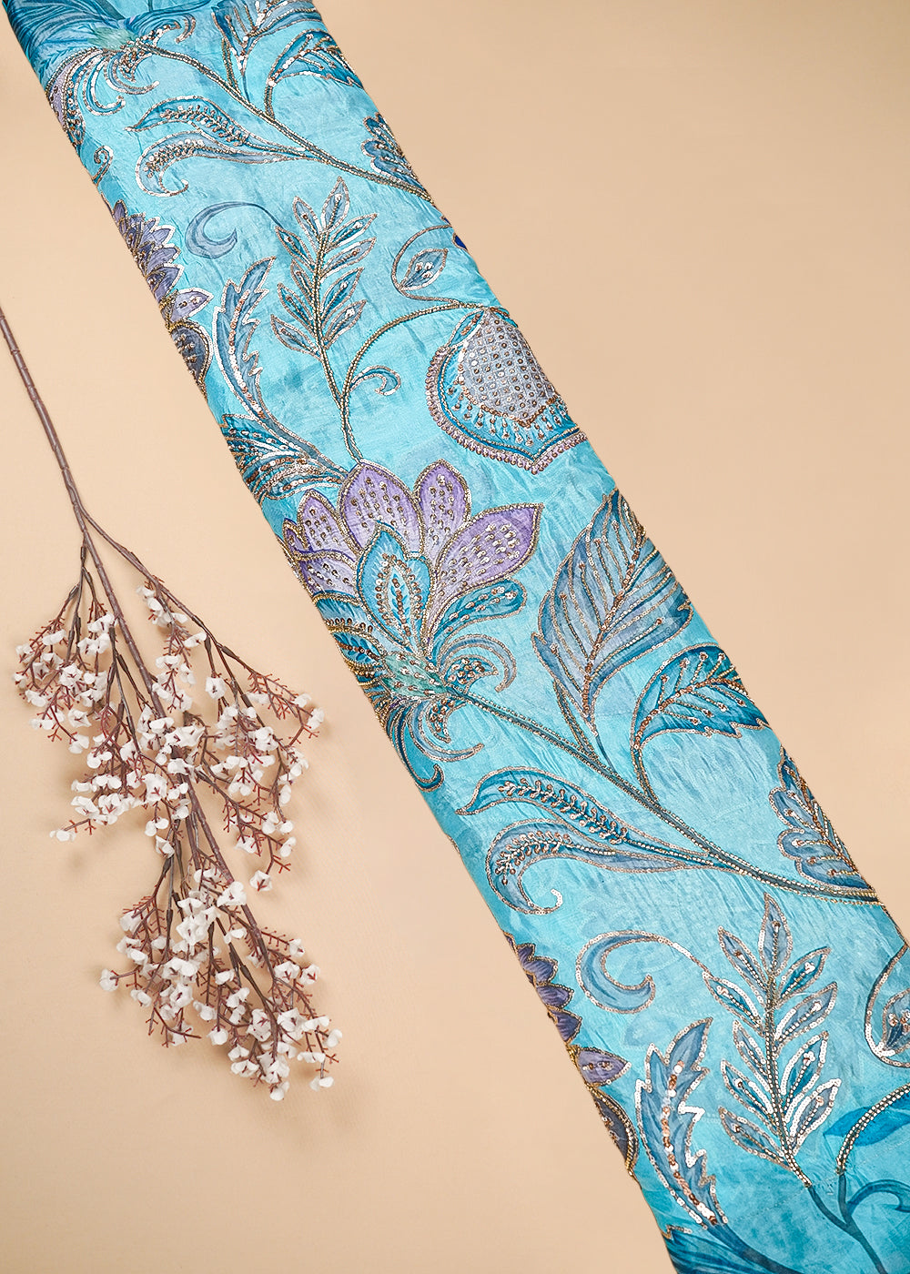 Sky Blue Glass Organza Fabric With All Over Zari, Sequins And Katdana Work 25435