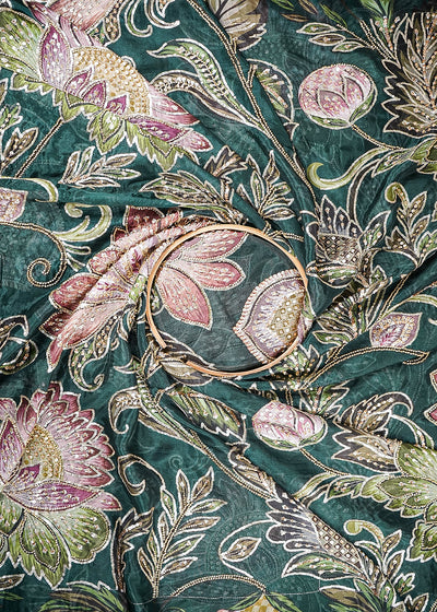 Bottle Green Glass Organza Fabric With All Over Zari, Sequins And Katdana Work 25436