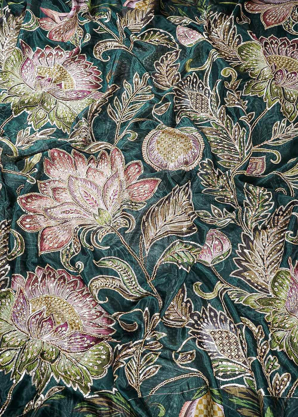 Bottle Green Glass Organza Fabric With All Over Zari, Sequins And Katdana Work 25436