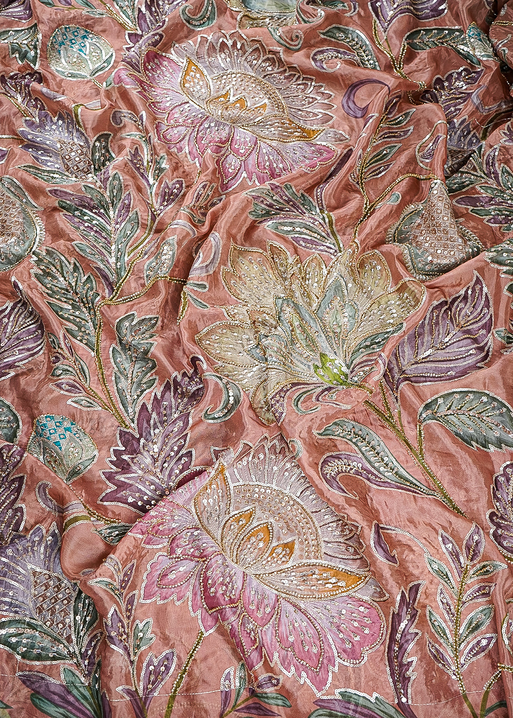 Light Brown Glass Organza Fabric With All Over Zari, Sequins And Katdana Work 25437