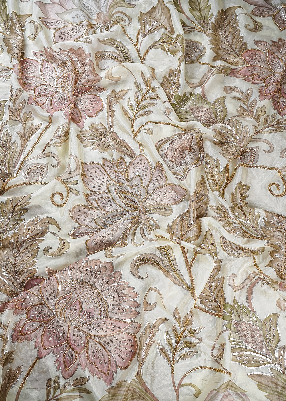 Off White Glass Organza Fabric With All Over Zari, Sequins And Katdana Work 25438
