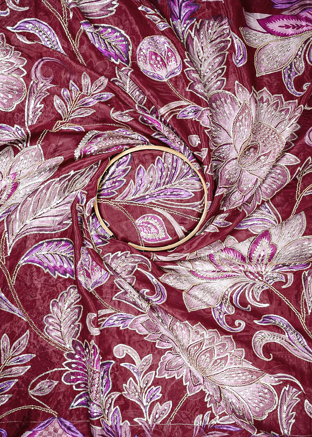 Maroon Glass Organza Fabric With All Over Zari, Sequins And Katdana Work 25439