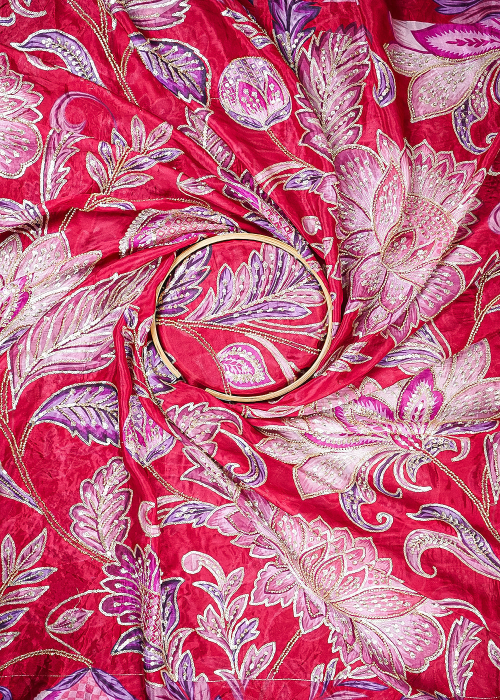 Maroon Glass Organza Fabric With All Over Zari, Sequins And Katdana Work 25439