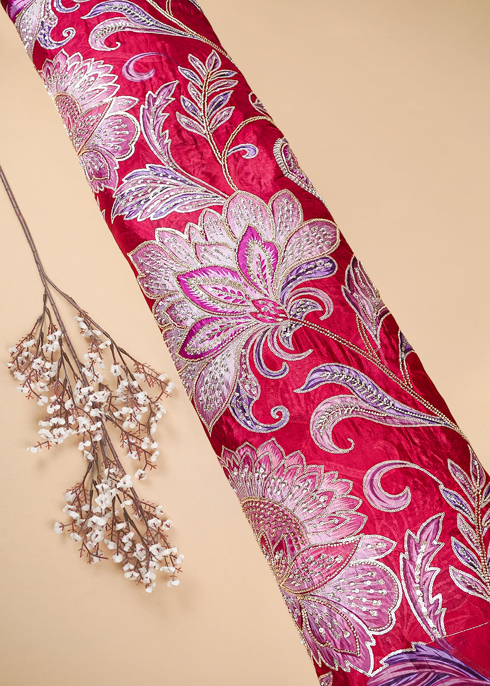 Maroon Glass Organza Fabric With All Over Zari, Sequins And Katdana Work 25439