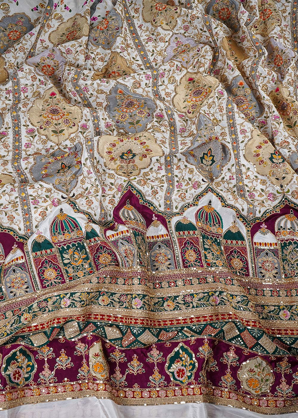 Cream Crepe Fabric With All Over Zari, Sequins Work With One Side Heavy Border 25440
