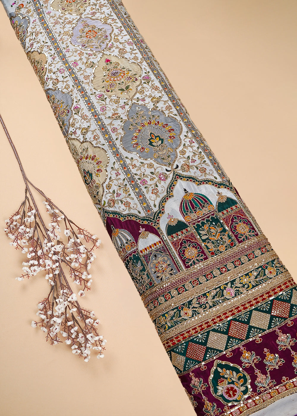 Cream Crepe Fabric With All Over Zari, Sequins Work With One Side Heavy Border 25440