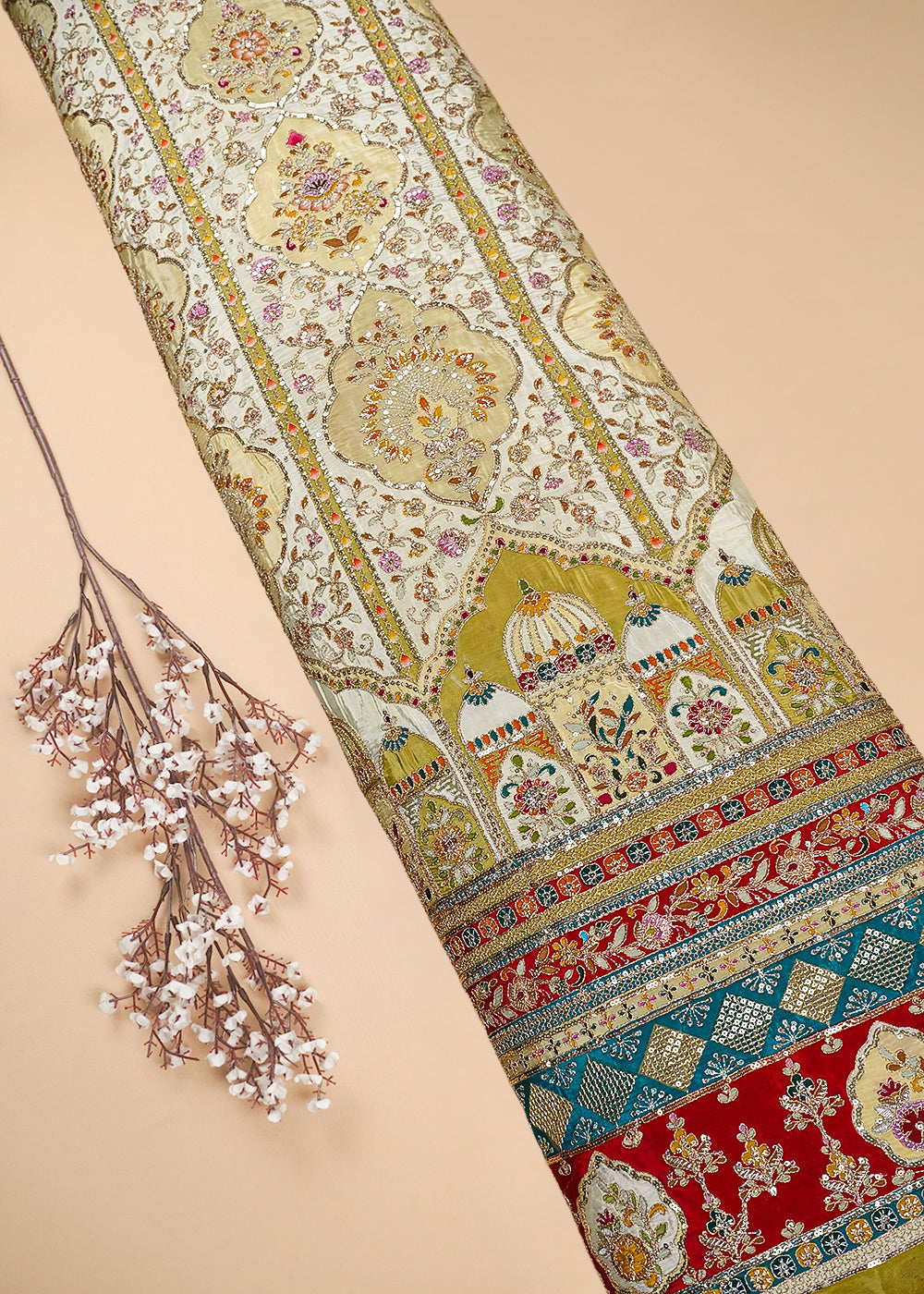 Lemon Crepe Fabric With All Over Zari, Sequins Work With One Side Heavy Border 25442