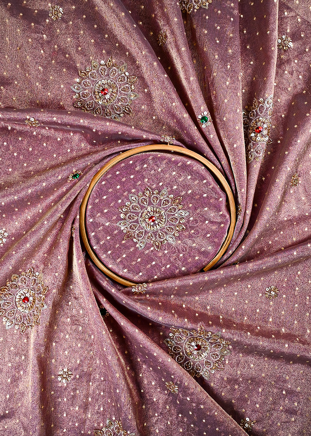 Lavender Tissue Fabric With All Over Zari, Sequins, Katdana And Stone Work 25446