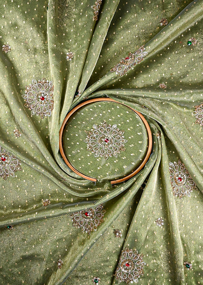 Mehendi Green Tissue Fabric With All Over Zari, Sequins, Katdana And Stone Work 25447