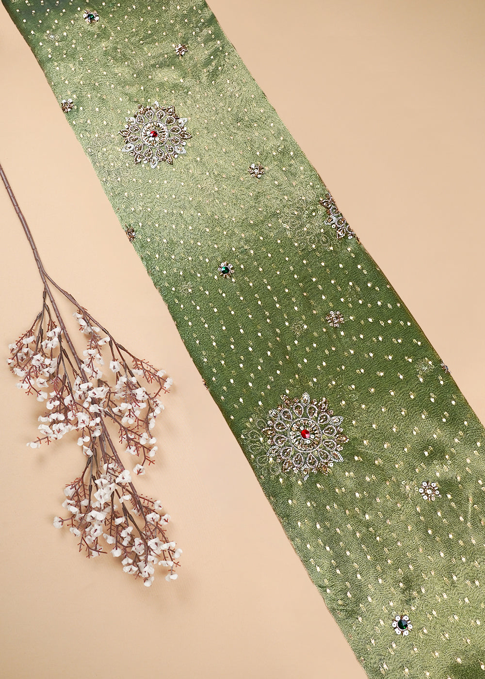 Mehendi Green Tissue Fabric With All Over Zari, Sequins, Katdana And Stone Work 25447