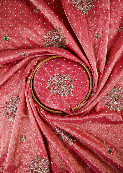 Gajri Pink Tissue Fabric With All Over Zari, Sequins, Katdana And Stone Work 25448