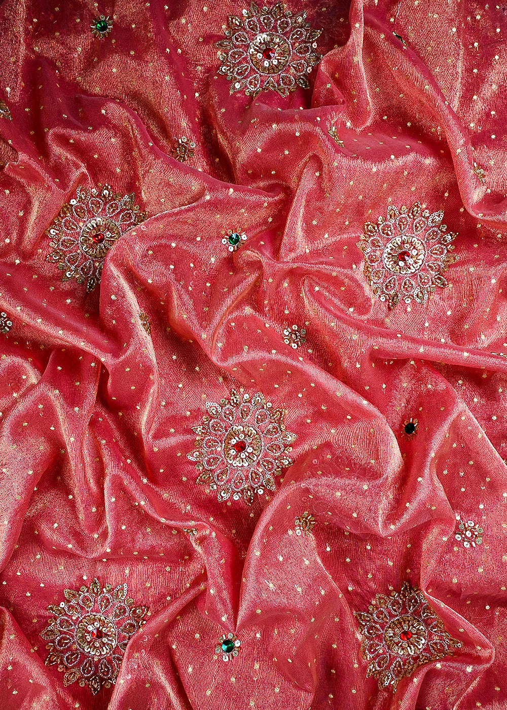 Gajri Pink Tissue Fabric With All Over Zari, Sequins, Katdana And Stone Work 25448