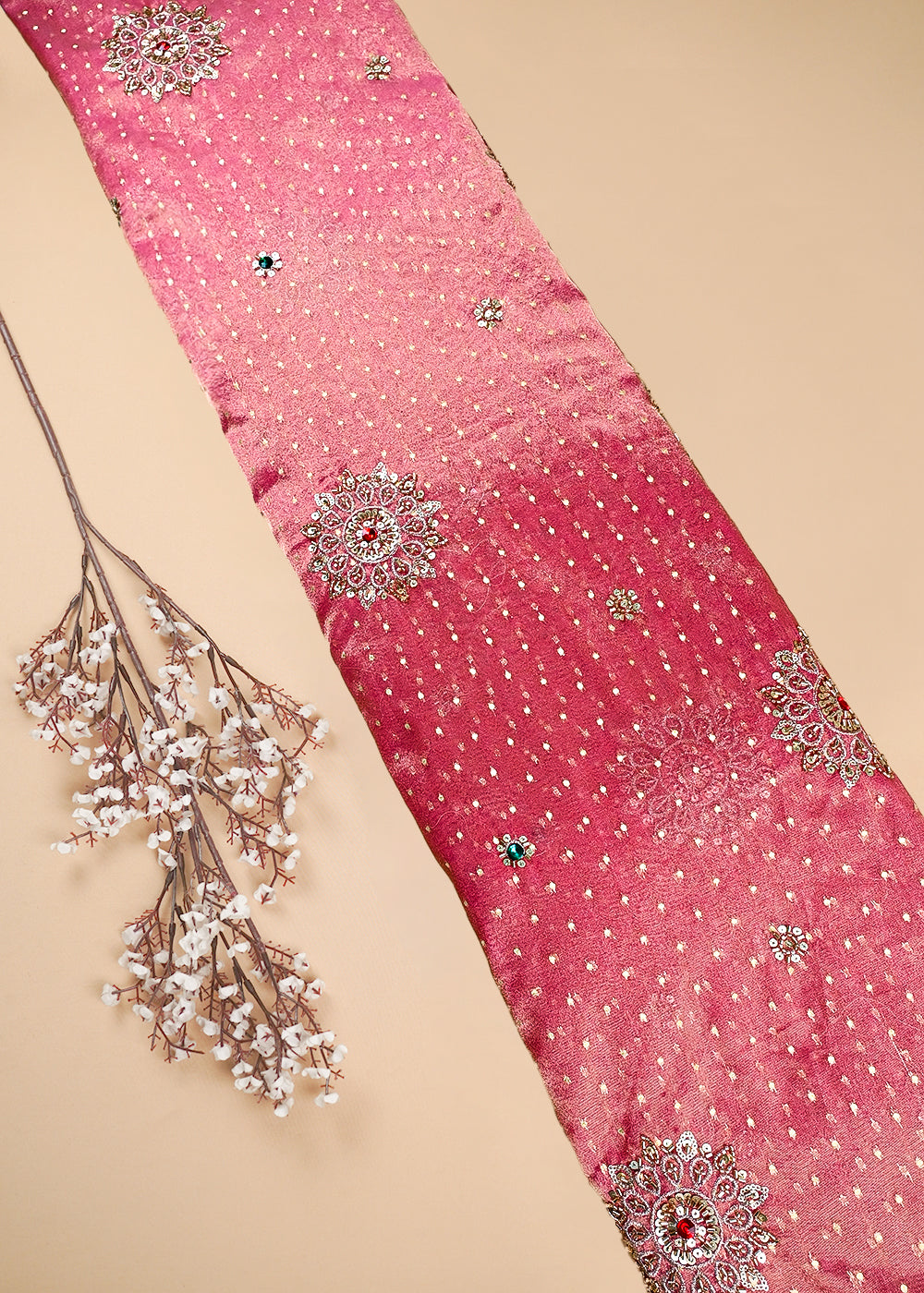 Gajri Pink Tissue Fabric With All Over Zari, Sequins, Katdana And Stone Work 25448