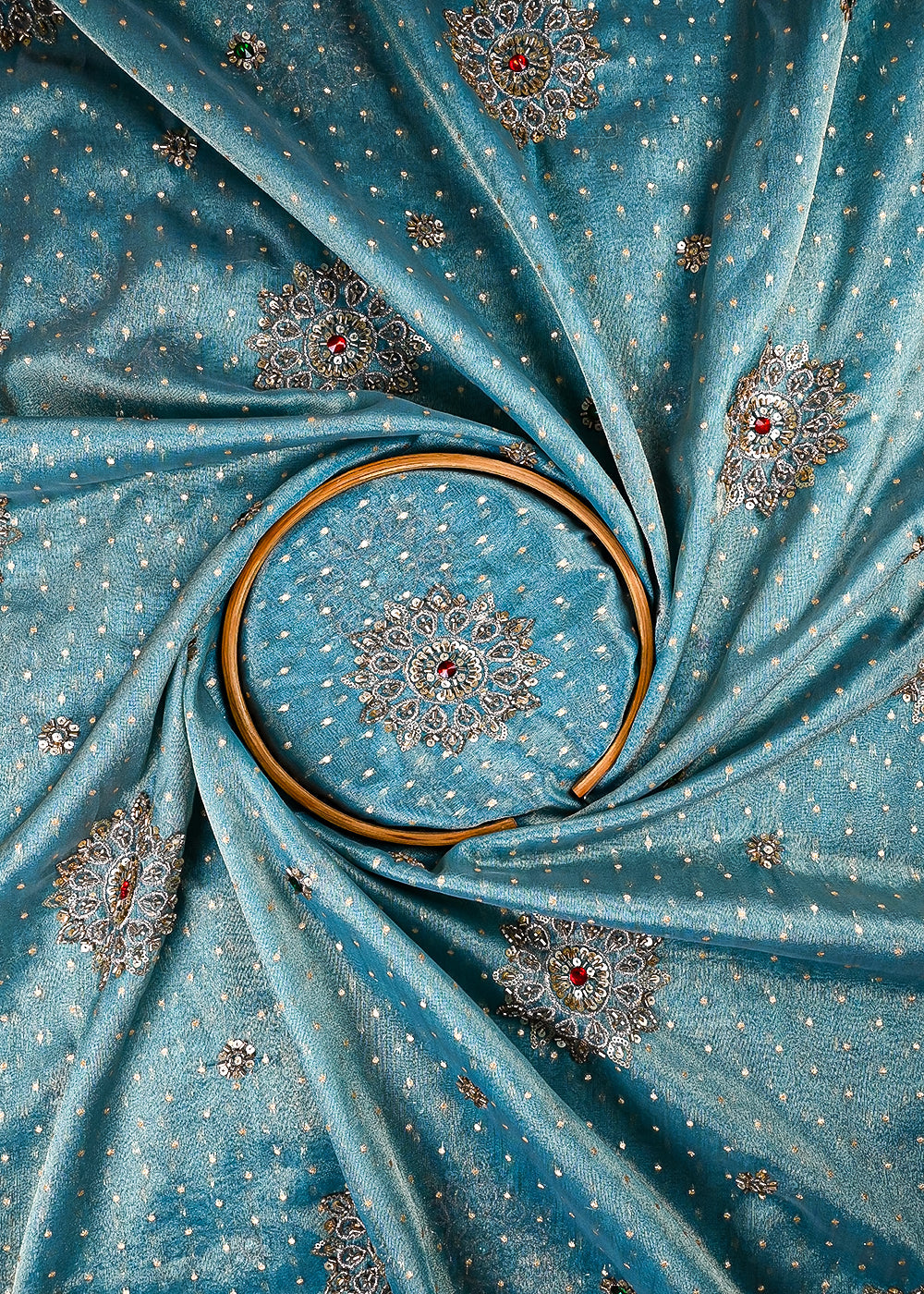 Sky Blue Tissue Fabric With All Over Zari, Sequins, Katdana And Stone Work 25449