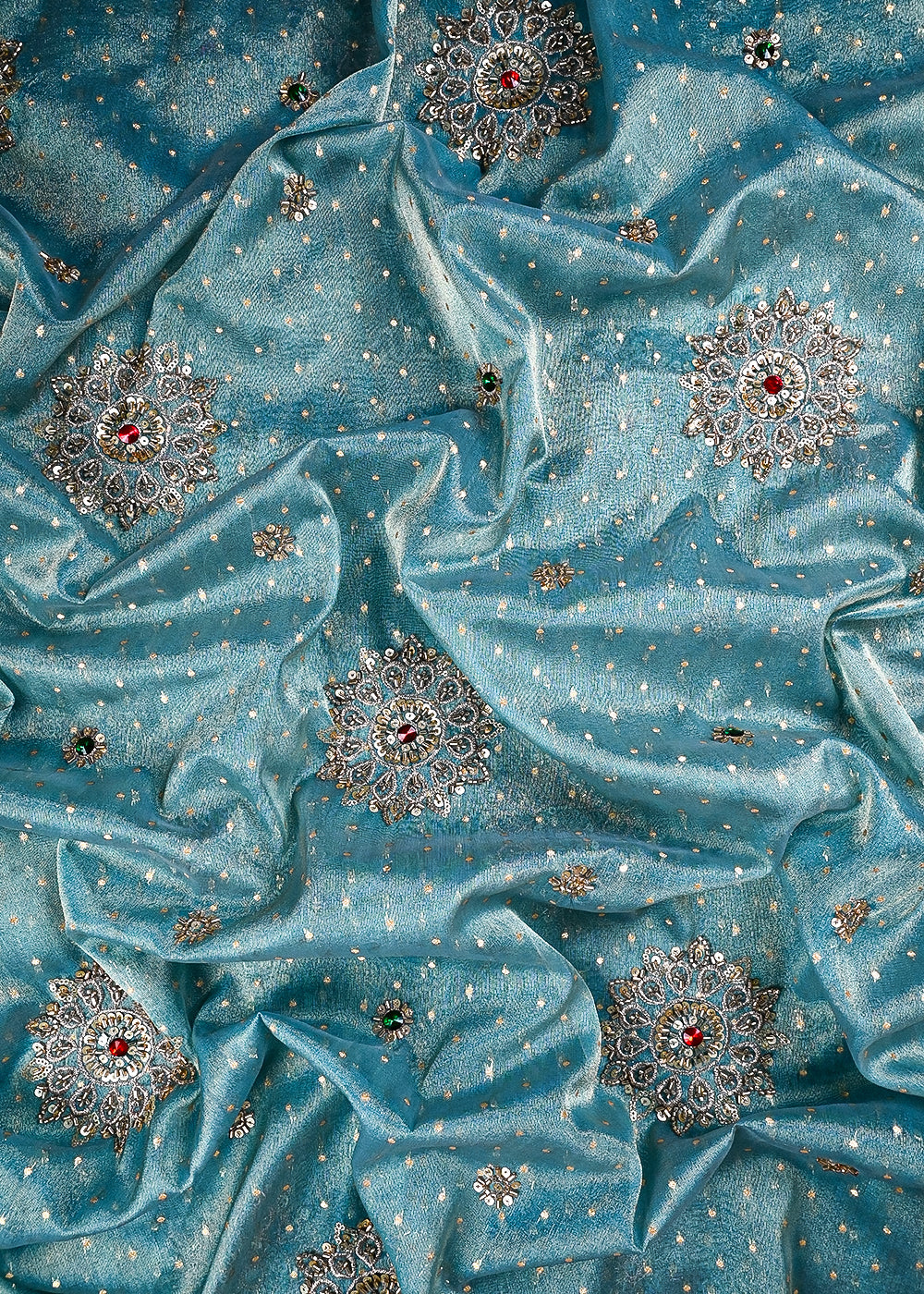 Sky Blue Tissue Fabric With All Over Zari, Sequins, Katdana And Stone Work 25449