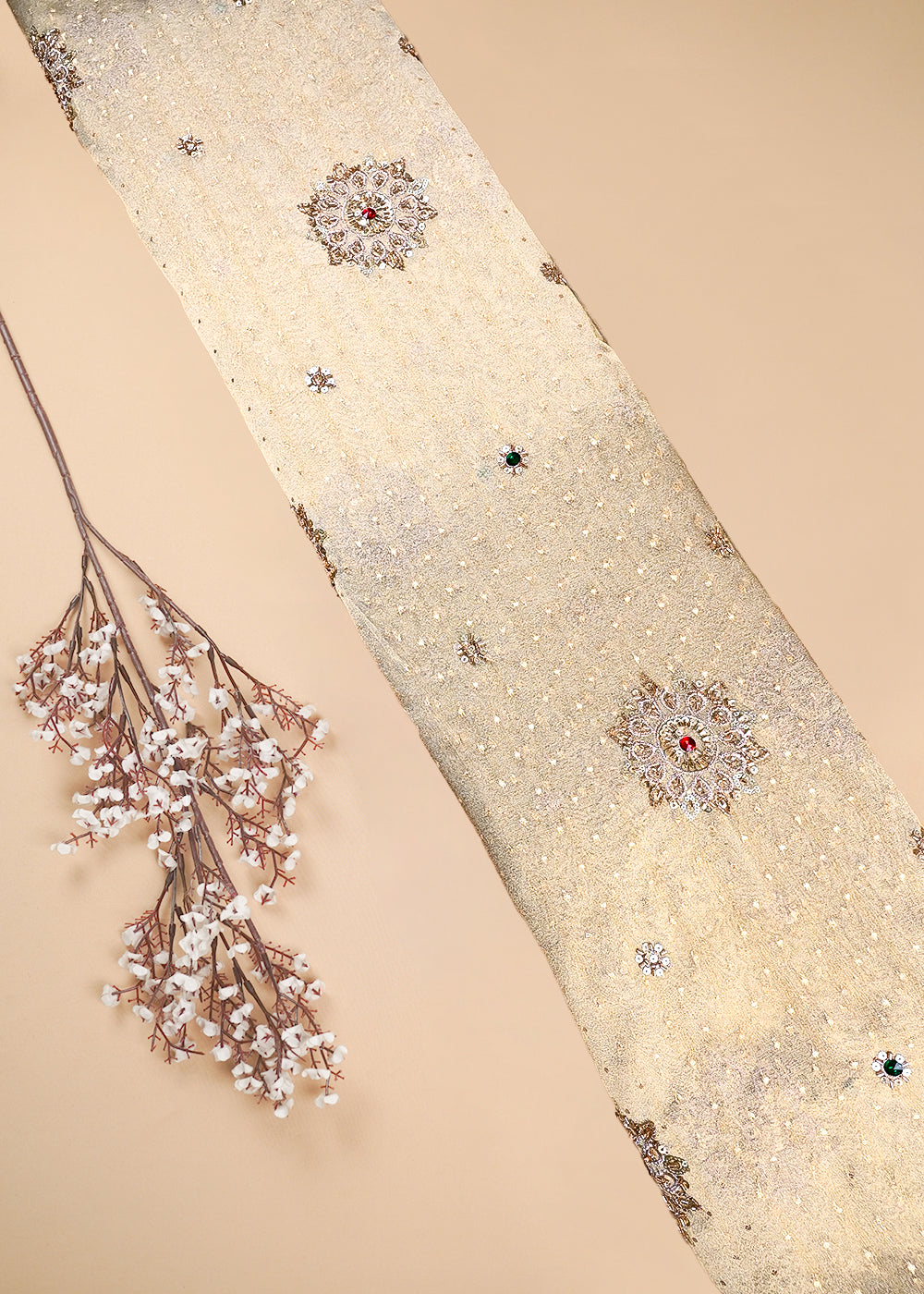 Beige Tissue Fabric With All Over Zari, Sequins, Katdana And Stone Work 25450