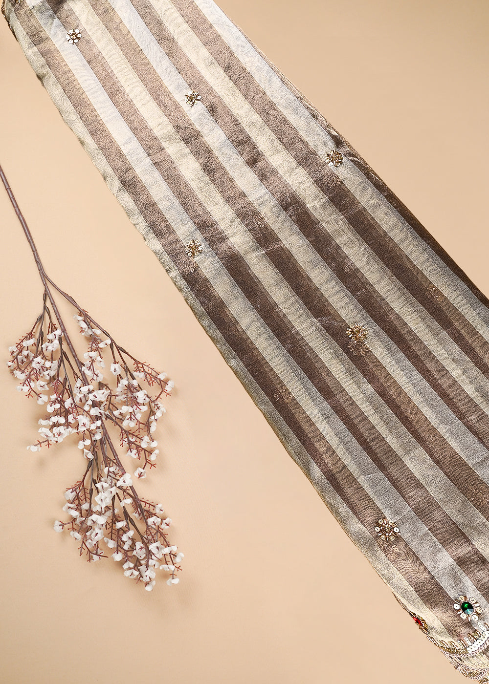 Light Brown Dupatta Fabric With All Over Zari, Sequins, Katdana And Stone Work With Both Side Border 25452