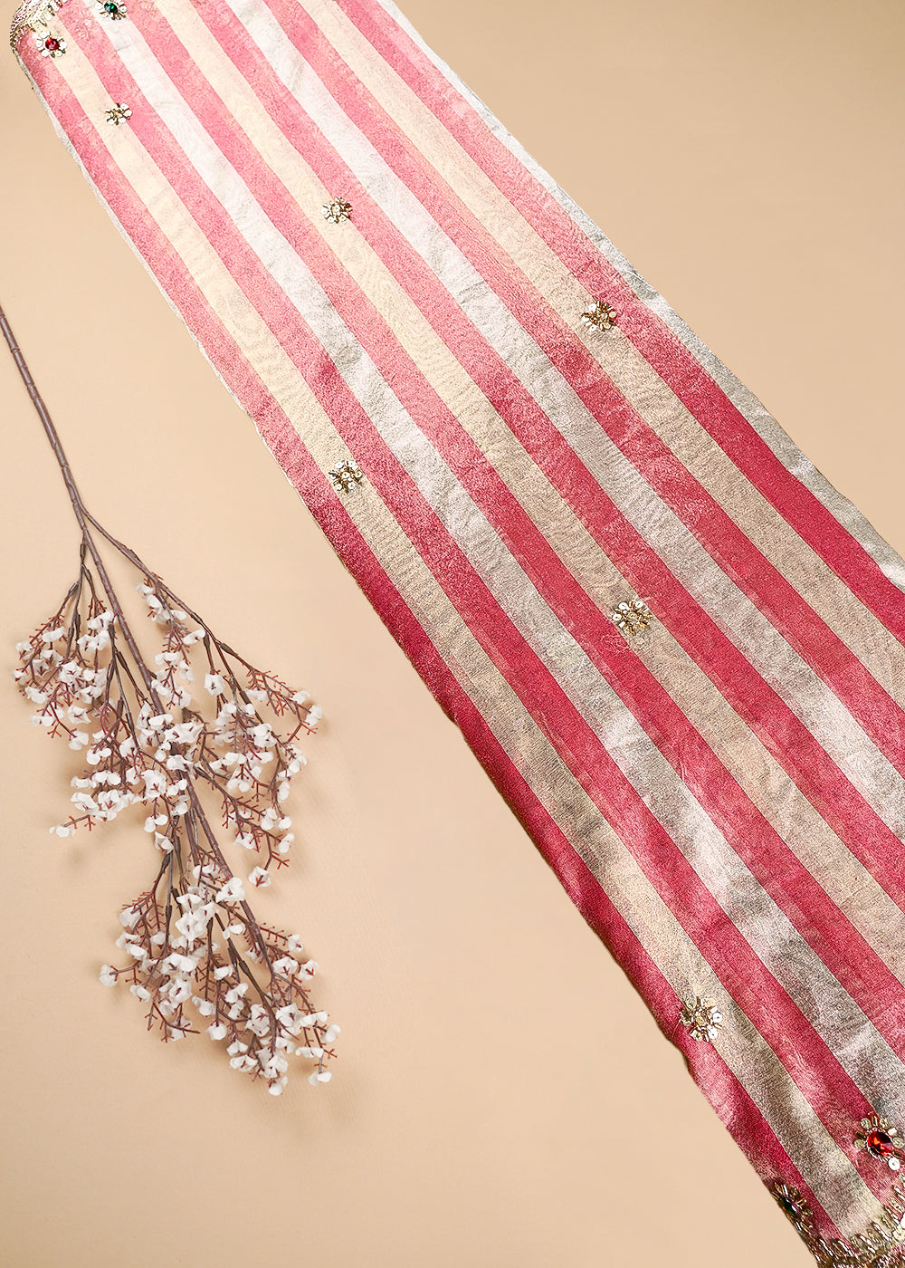 Pink Dupatta Fabric With All Over Zari, Sequins, Katdana And Stone Work With Both Side Border 25454