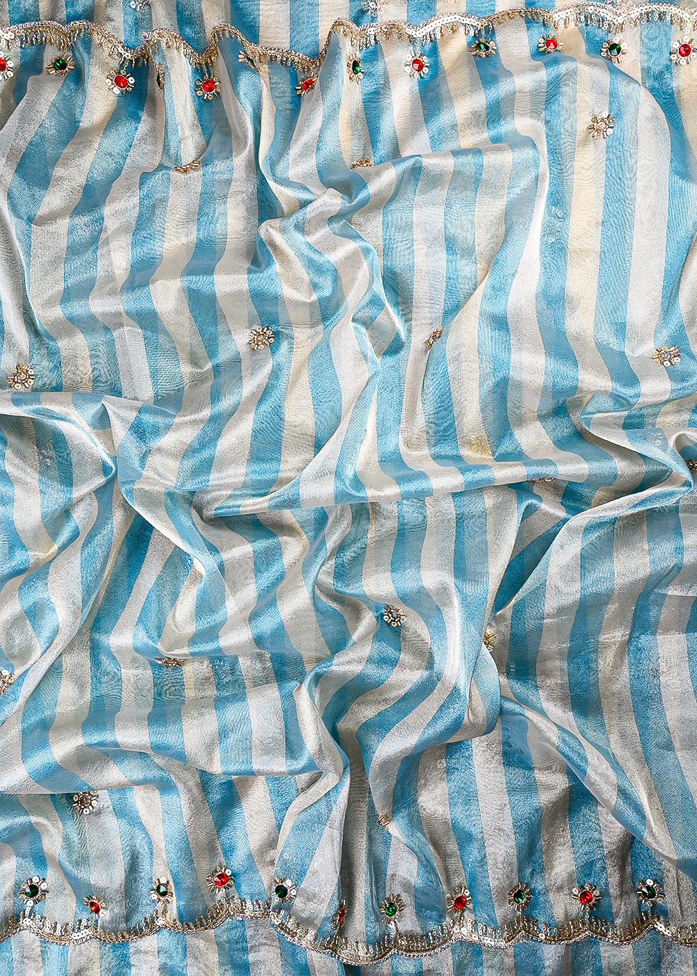 Blue Tissue Dupatta Fabric With All Over Zari, Sequins, Katdana And Stone Work With Both Side Border 25455