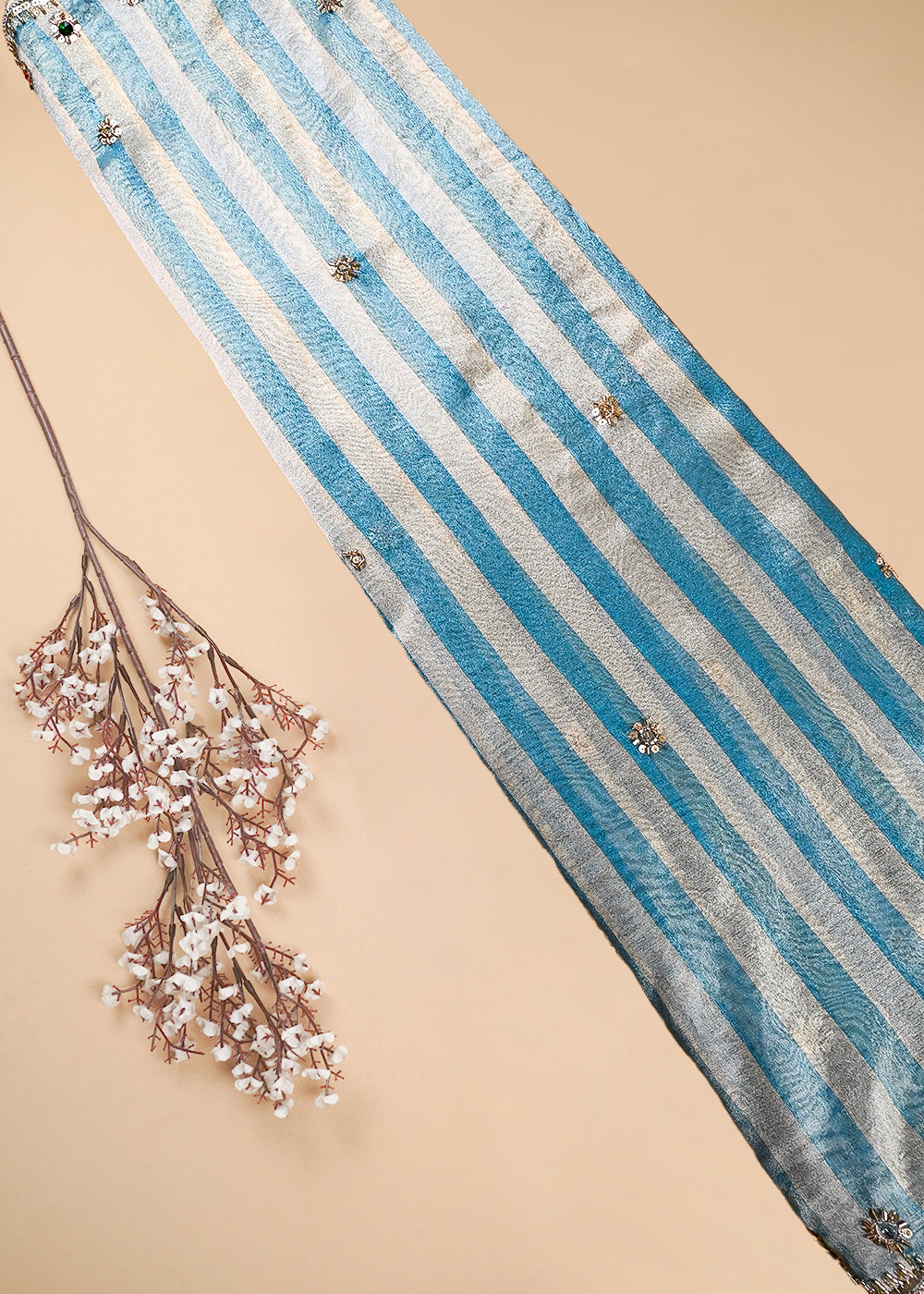 Blue Tissue Dupatta Fabric With All Over Zari, Sequins, Katdana And Stone Work With Both Side Border 25455