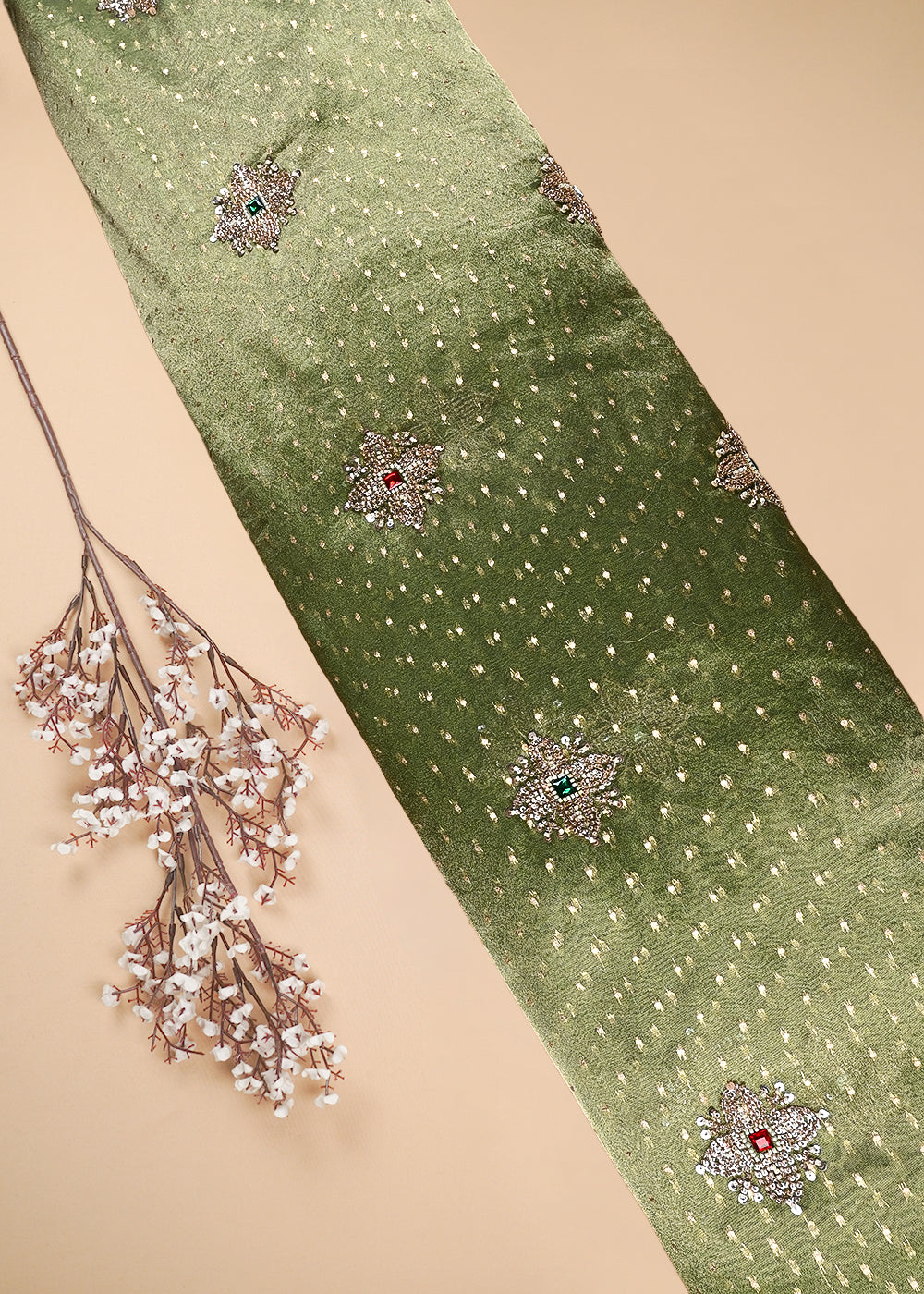 Green Tissue Fabric With All Over Zari, Sequins, Katdana And Stone Work 25461