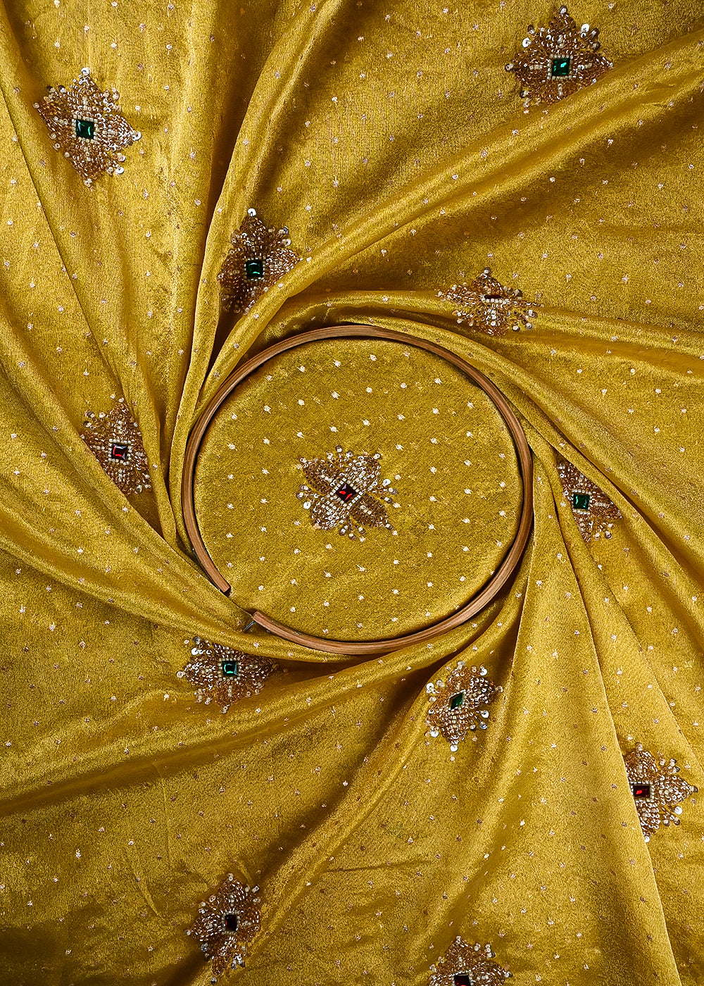 Mustard Tissue Fabric With All Over Zari, Sequins, Katdana And Stone Work 25463