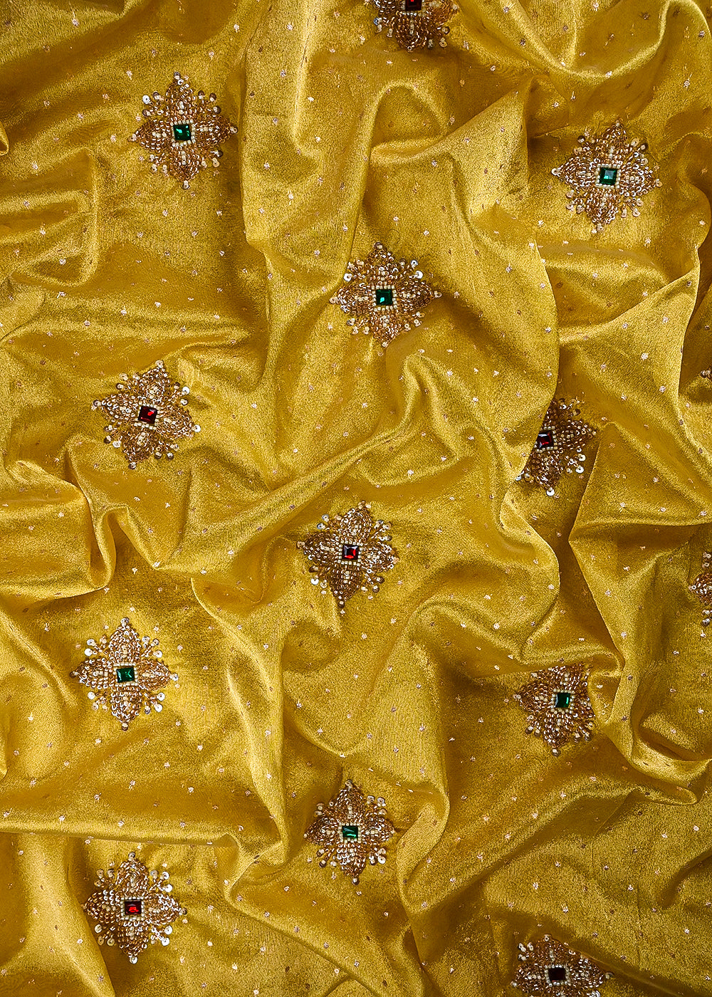 Mustard Tissue Fabric With All Over Zari, Sequins, Katdana And Stone Work 25463