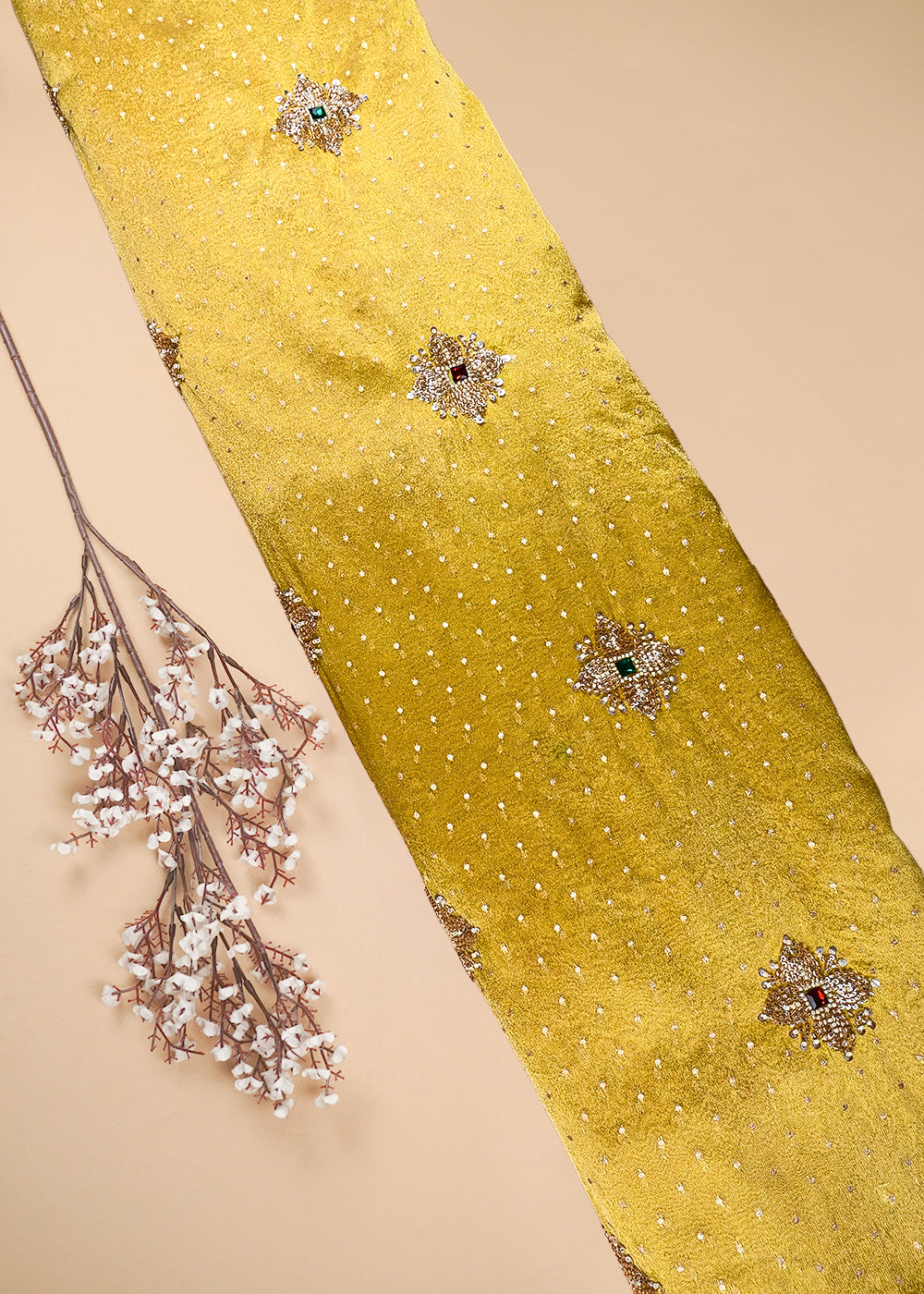 Mustard Tissue Fabric With All Over Zari, Sequins, Katdana And Stone Work 25463