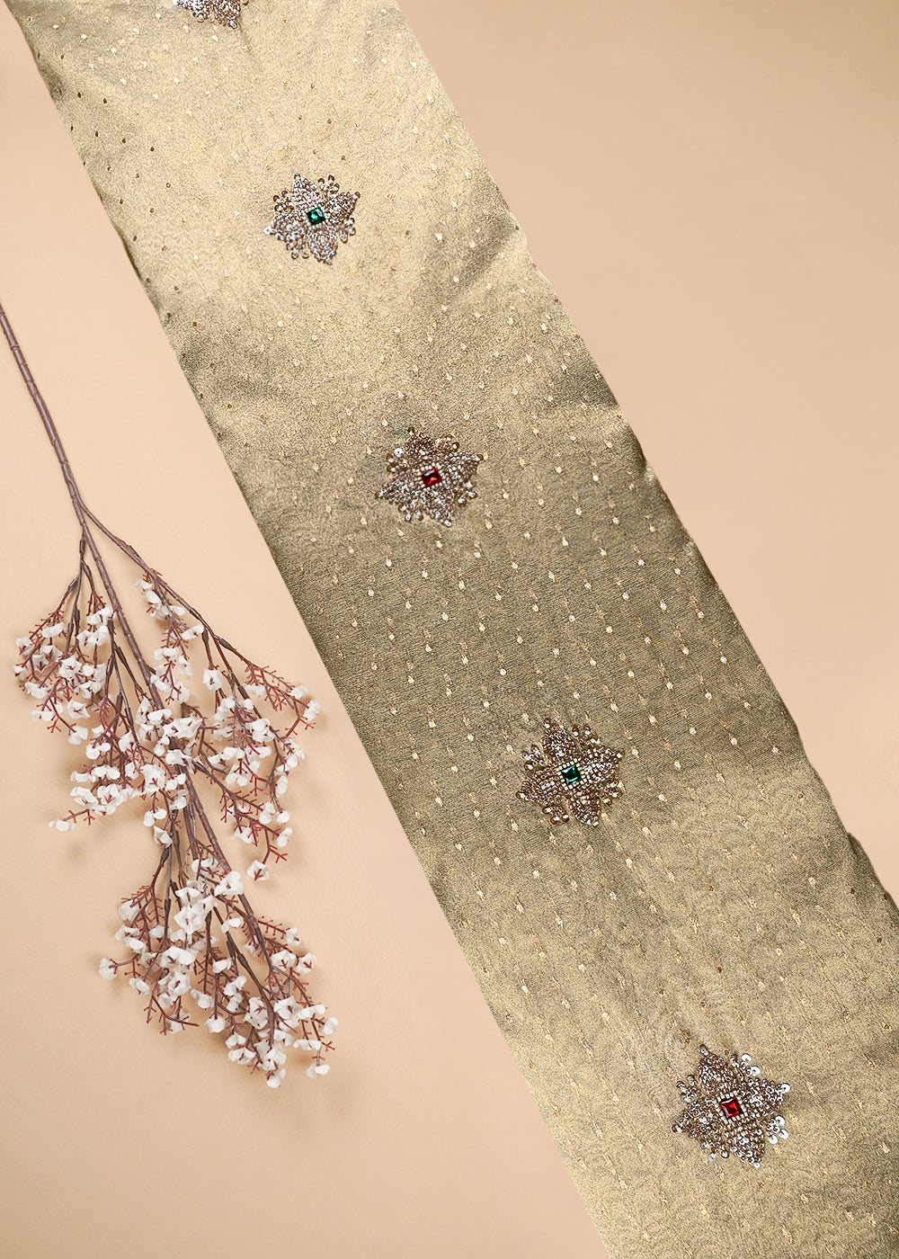 Beige Tissue Fabric With All Over Zari, Sequins, Katdana And Stone Work 25464