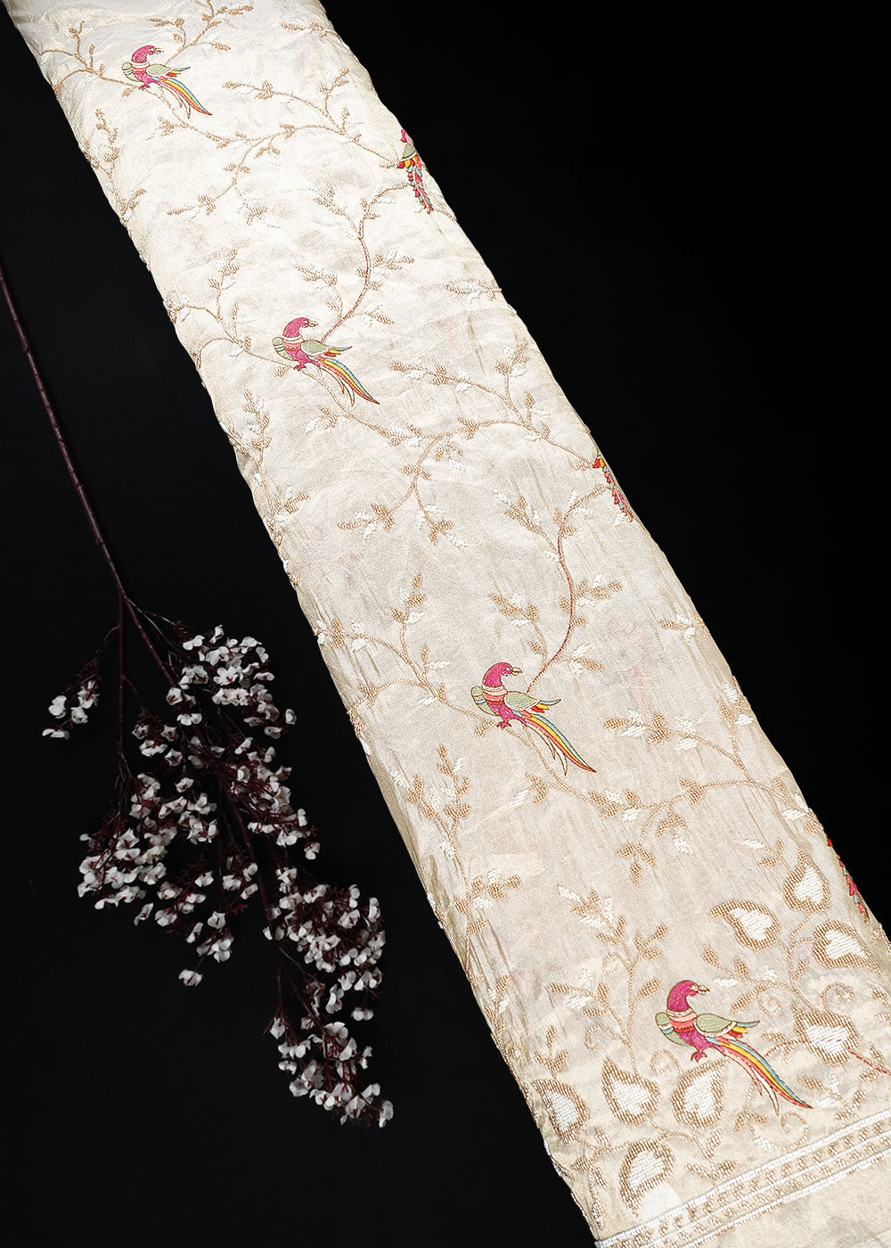 Golden Dyeable Tissue Fabric With All Over Katdana Work With One Side Heavy Border 25466
