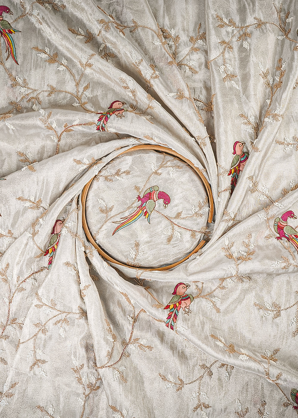 Golden Dyeable Tissue Fabric With All Over Katdana Work With One Side Border 25467