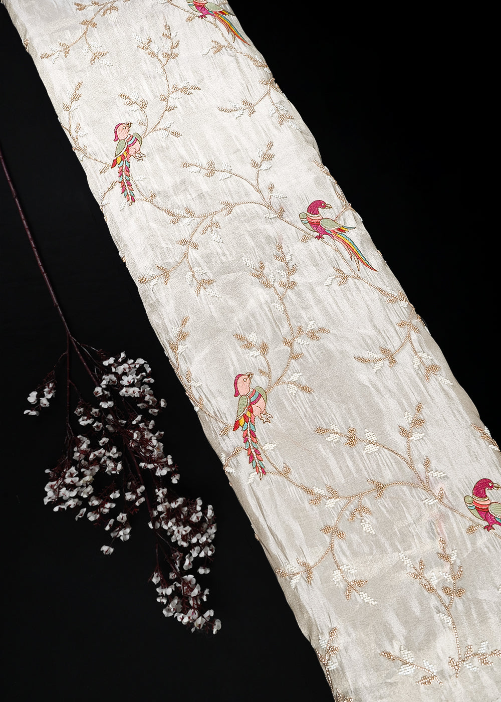 Golden Dyeable Tissue Fabric With All Over Katdana Work With One Side Border 25467