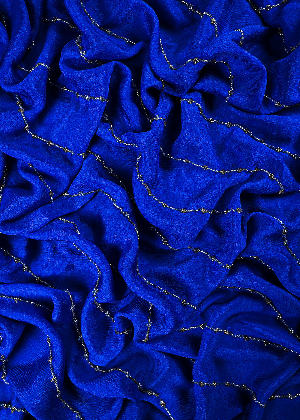 Royal Blue Chinon Chiffon Fabric With All Over Katdana Work 25472