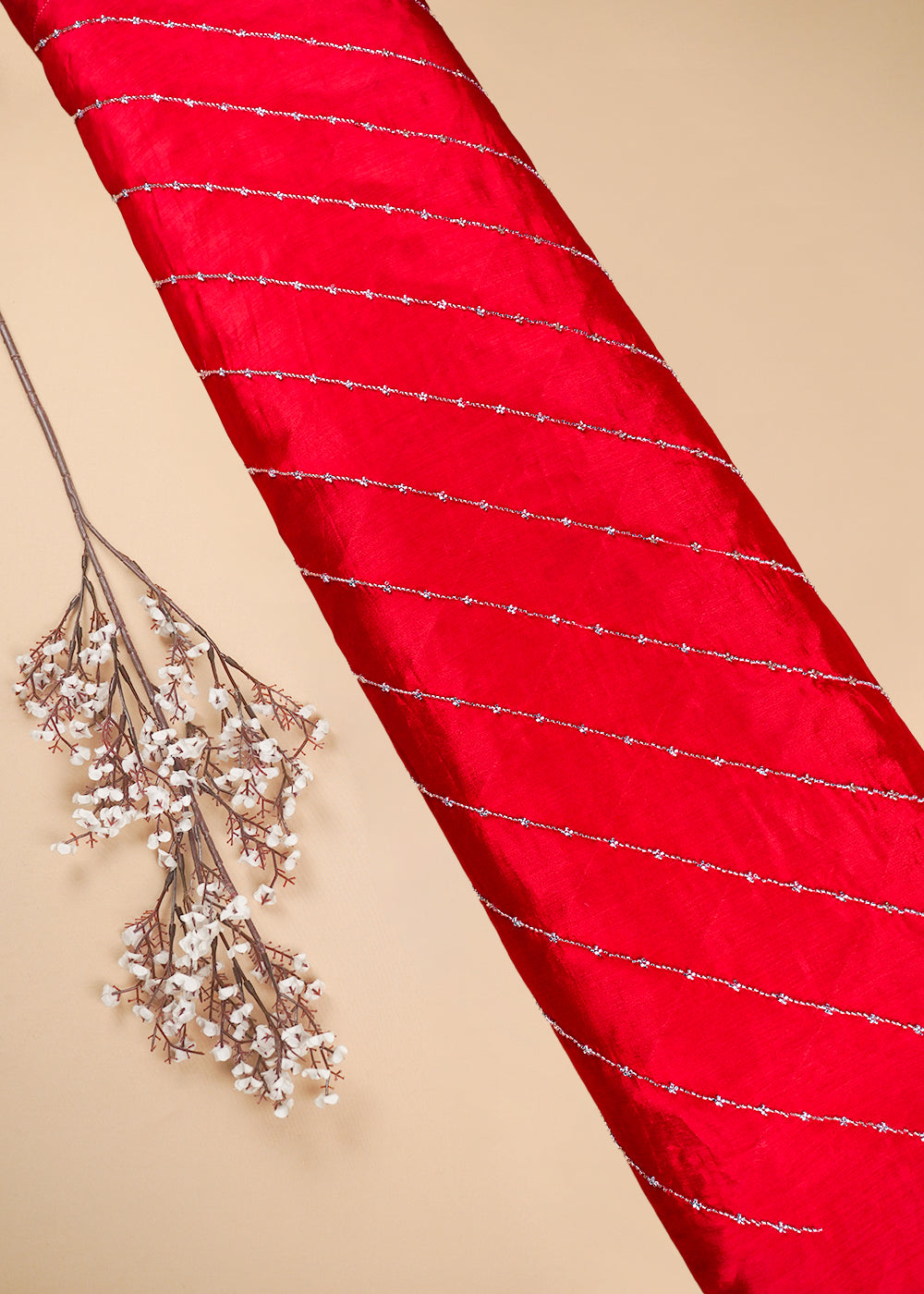Red Chinon Chiffon Fabric With All Over Katdana Work 25474